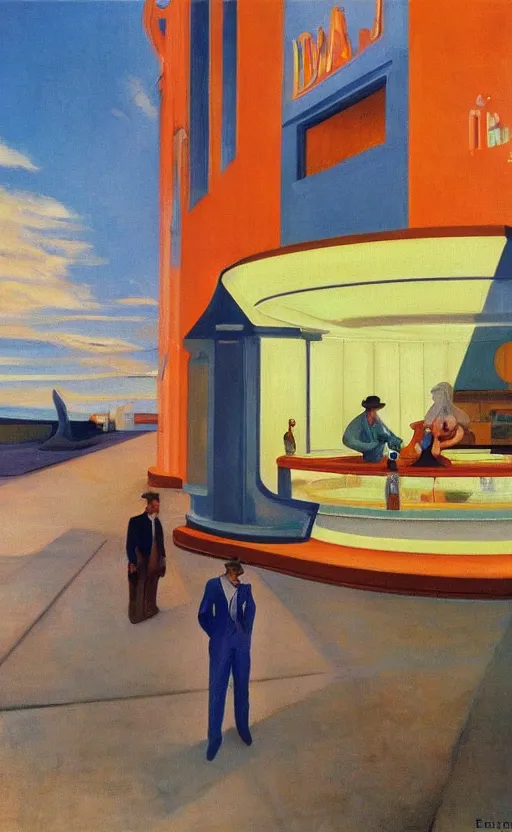 Image similar to retro futurism painted by edward hopper, painted by dali