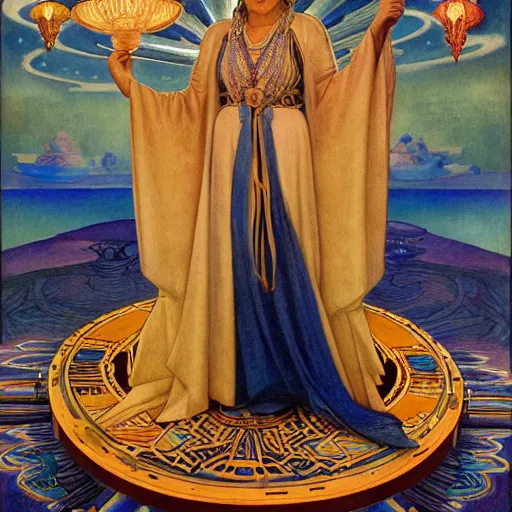 Prompt: queen of the moon with her lantern and regalia, by donato giancola and nicholas roerich, and diego rivera, and leo and diane dillon, symbolist, tattoos, dramatic lighting, elaborate geometric ornament, art brut, god rays, soft cool colors, smooth, sharp focus, extremely detailed