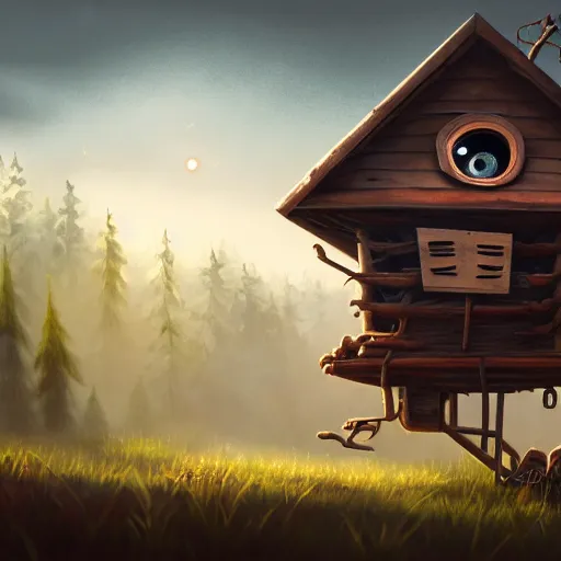 Image similar to a running wood and metal house with two legs and one big eye, rust, hyperrealistic, highly detailed, cinematic, single ray of sun, morning, pareidolia, gravity falls style, disney, beautiful, cgssociety, artstation, 8 k, oil painting, digital art