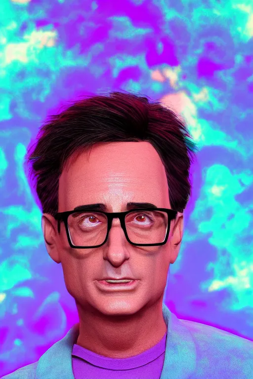 Image similar to bob saget, vaporwave style, dramatic, character showcase, dynamic lighting, 8 k, unreal 5 render, ray tracing, hyperrealistic, intricate, color grading