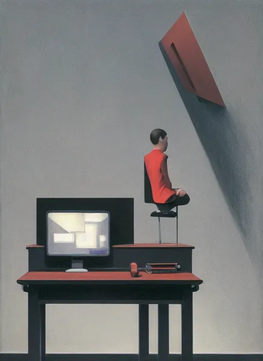 Prompt: A desk holding a computer monitor mouse monitor and keyboard with the tower sitting on the floor, Edward Hopper and James Gilleard, Zdzislaw Beksinski, Mark Ryden, Wolfgang Lettl highly detailed