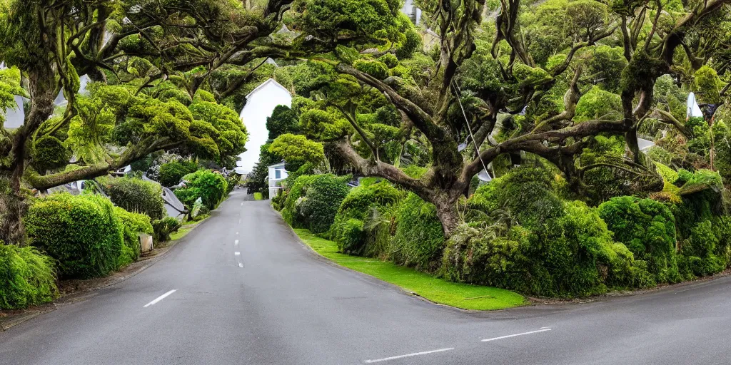 Image similar to a suburban street in wellington, new zealand. quaint cottages interspersed with an ancient remnant lowland podocarp broadleaf forest full of enormous trees with astelia epiphytes and vines. rimu, kahikatea, cabbage trees, manuka, tawa trees, rata. stormy windy day. landscape photography 4 k. stream in foreground