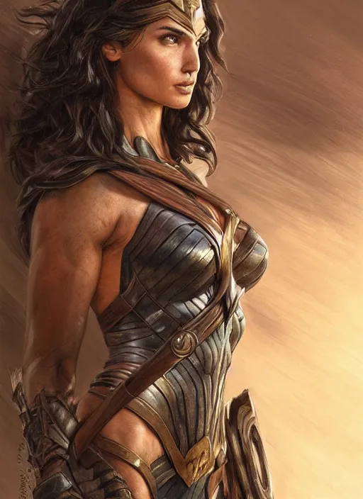 Prompt: very muscled Amazon gal gadot as a ruggedly mean looking heroine, intricate, elegant, highly detailed, centered, digital painting, artstation, concept art, smooth, sharp focus, illustration, art by artgerm and donato giancola and Joseph Christian Leyendecker, WLOP