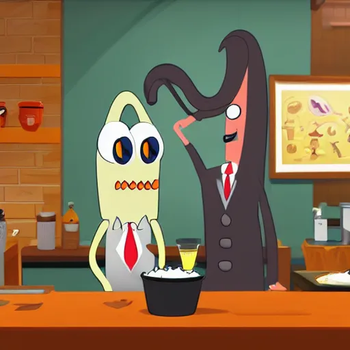 Image similar to an anthropomorphic squid is the boss of a restaurant, greeting an anthropomorphic sponge man who is a cook in the kitchen