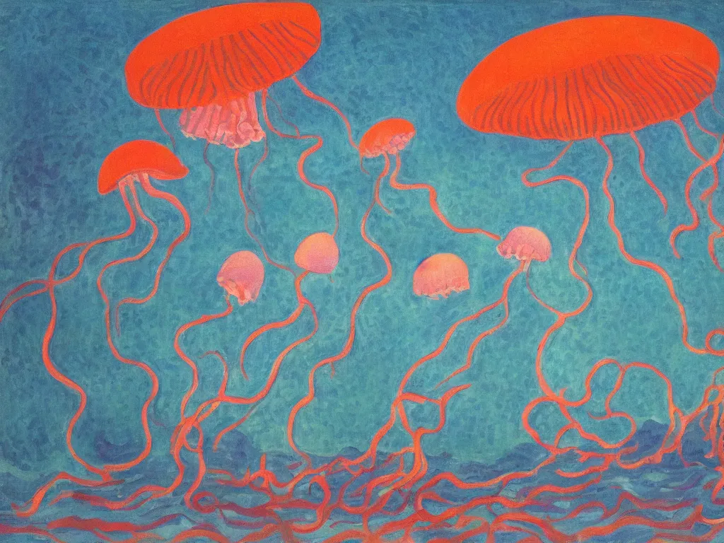 Prompt: jellyfish octopus grow in the ground, elegant, vigorous, sunset, ocean land, nebula moon, sharp focus, by henri matisse