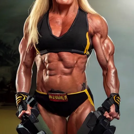 Image similar to a woman who is a genetic combination of hulk hogan and donald trump face and upper - body focus