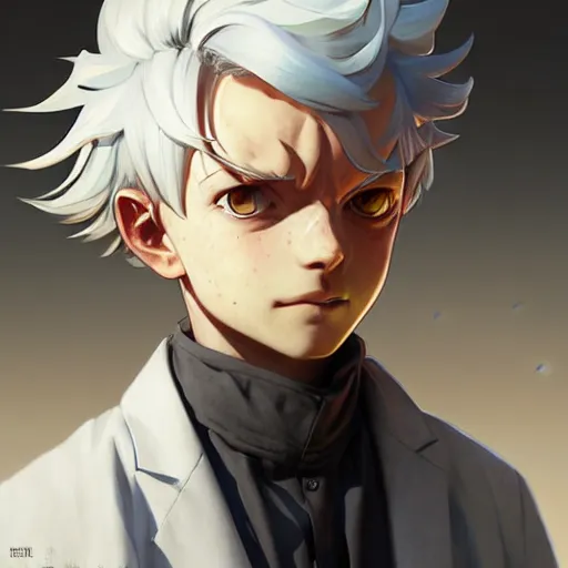 Image similar to Portrait of Norman from the promised neverland, white hair ,highly detailed, digital painting, artstation, concept art, sharp focus, illustration, art by greg rutkowski and alphonse mucha