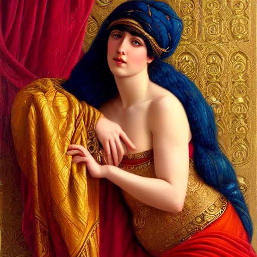 Image similar to beautiful golden portrait of Liv Sage, Grand Odalisque intricate oil painting by John William Godward and Anna Dittman by J-H 768-C2.0