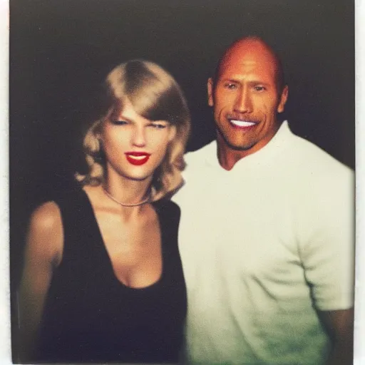 Image similar to found polaroid of my parents who look exactly like Taylor Swift and Dwayne Johnson