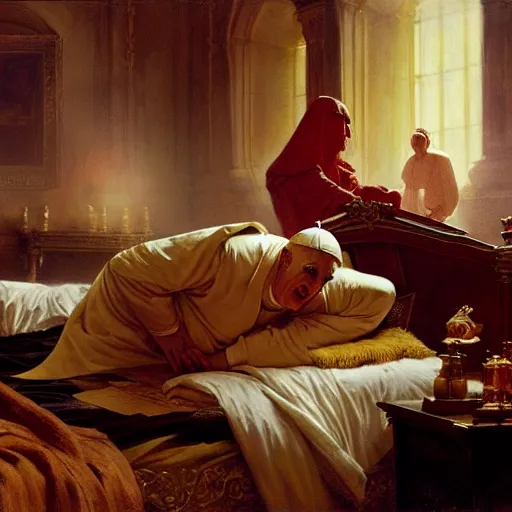 Prompt: the pope is in his bed, nervous and terrified, because a double horned shadow demon from hell is attacking him. highly detailed painting by gaston bussiere, j. c. leyendecker, greg rutkowski, craig mullins 8 k