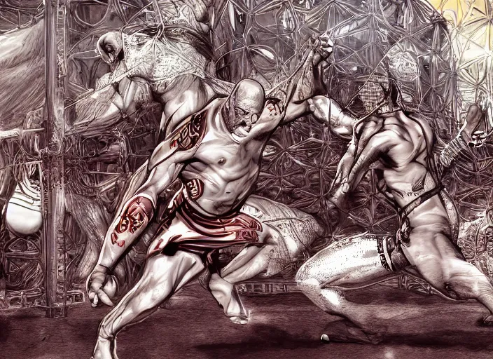 Image similar to a beautiful illustration of my friend joe rogan vs voldo in a steel cage match, digital art,