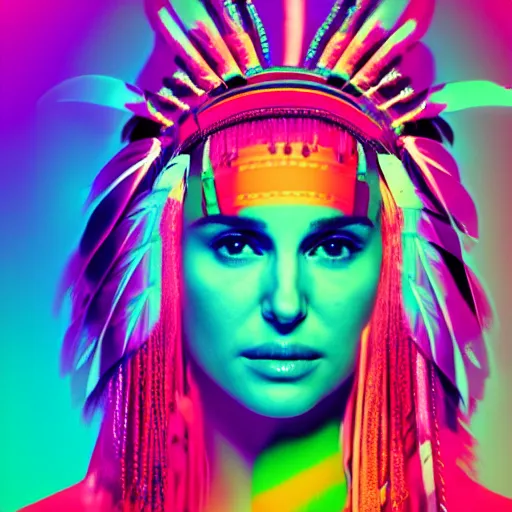 Image similar to natalie portman wearing native american headdress in a neon synthwave style, 4 k, 8 k, backlit, beautiful, magical, trending digital art portrait