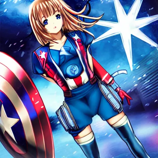 Prompt: an anime girl captain America