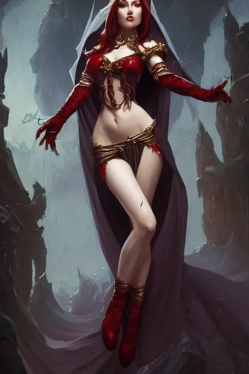 Image similar to beautiful vampire female princess, full body shot, fangs showing, d & d, fantasy, intricate, elegant, highly detailed, digital painting, artstation, concept art, matte, sharp focus, illustration, hearthstone, art by artgerm and greg rutkowski and alphonse mucha