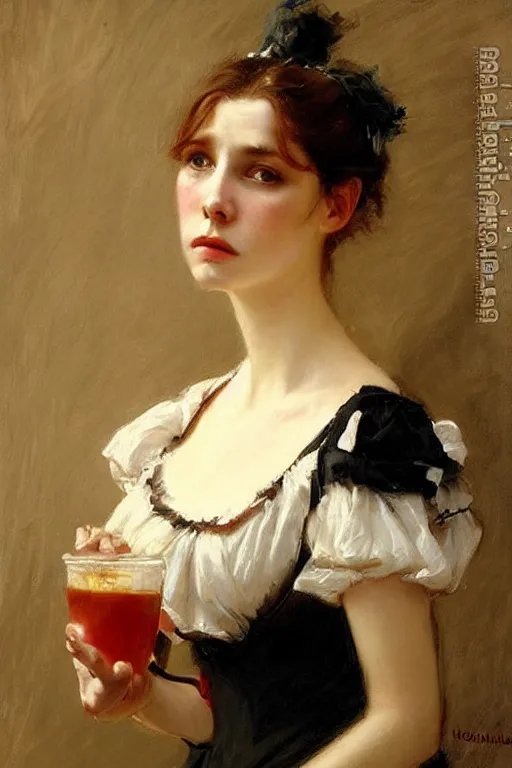 Image similar to Solomon Joseph Solomon and Richard Schmid and Jeremy Lipking victorian genre painting full length portrait painting of a young beautiful woman traditional german french barmaid in fantasy costume, red background