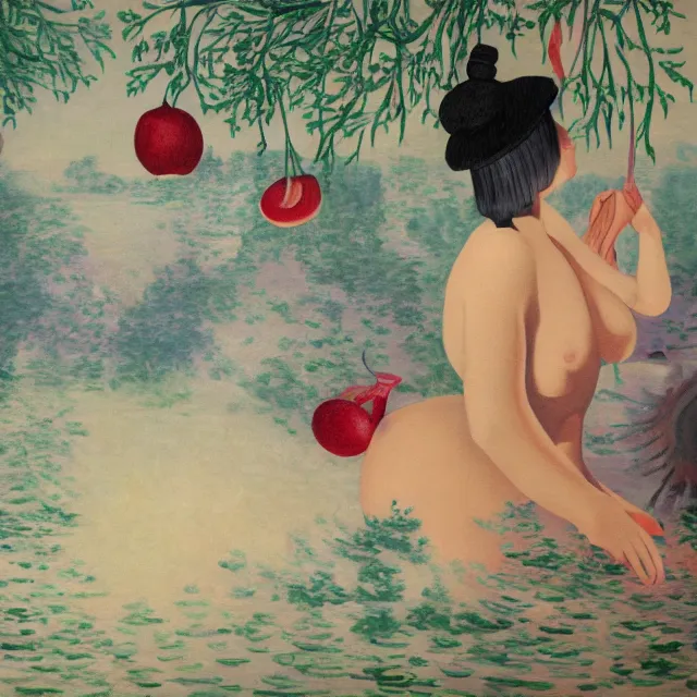 Image similar to female emo art student, painting of flood waters inside an artist's feminine bedroom, a river flooding indoors, pomegranates, pigs, ikebana, water, octopus, river, rapids, waterfall, black swans, canoe, berries, acrylic on canvas, surrealist, by magritte and monet