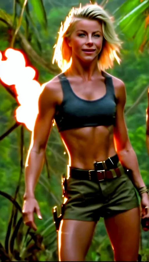 Image similar to cinematic action scene with julianne hough as a commando in the jungle, crop top, boy shorts, boots, dramatic smoke, still frame