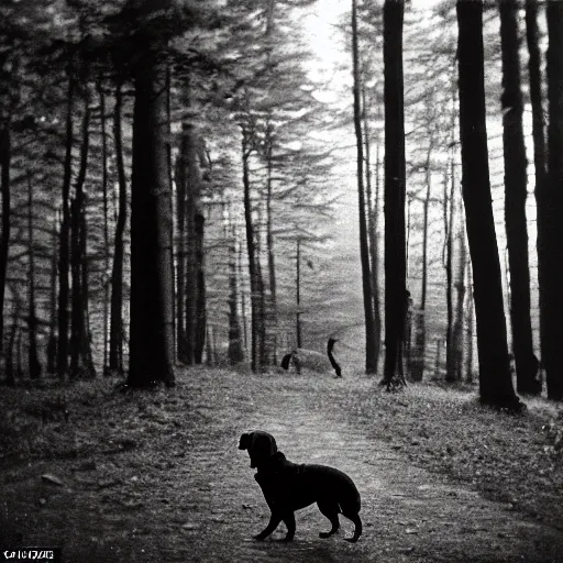 Image similar to dog looking at camera in les vosges forest at night, far away from camera, 70s photo, out of focus, motion blur, cctv footage