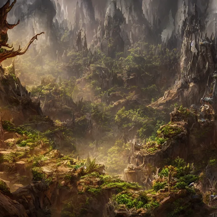 Image similar to a fantasy realm split down the middle with a forest on one side and a desert on the other, fantasy concept art, rendered in unreal engine, highly detailed, cinematic lighting, intricate, fantastical, video game cinematic, trending on artstation