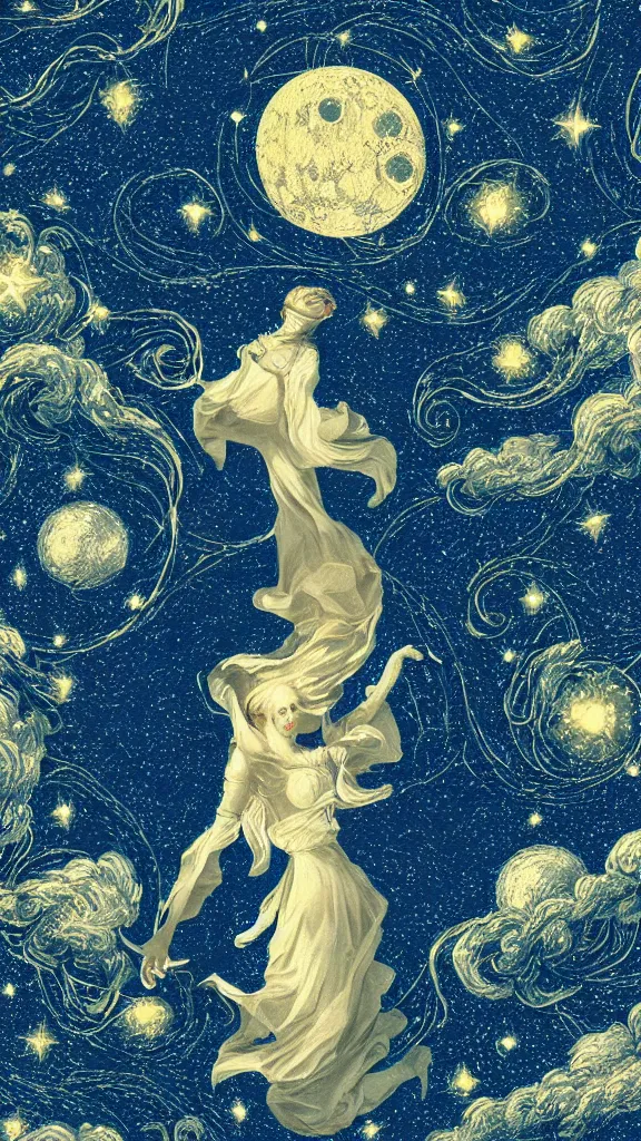 Image similar to sky in a starry night with glowing meteor showers, ascension of a woman decomposing and dissolving into moon, dark - blue black gold beige saturated, ornate baroque rococo art nouveau intricate detail, 3 d specular lighting, cinematic, blur