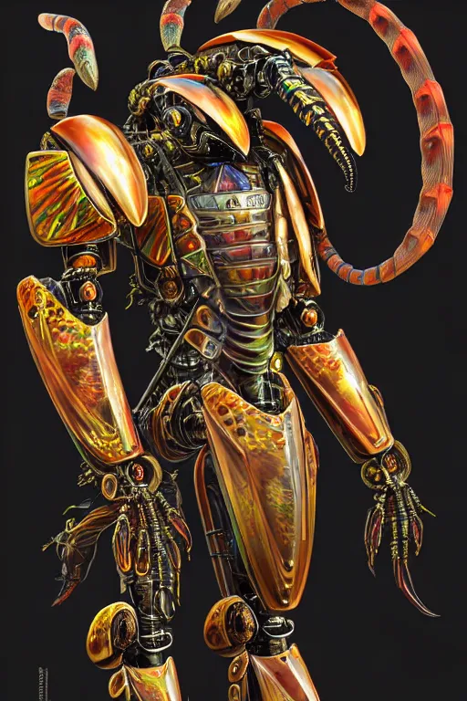 Prompt: detailed nacreous hard shell anthropomorphic warrior scorpion mecha. mathias kollros mark winters villeneuve lie setiawan lius lasahido manuel castanon. portrait vivid intricate vibrant elaborate inks unreal engine render.