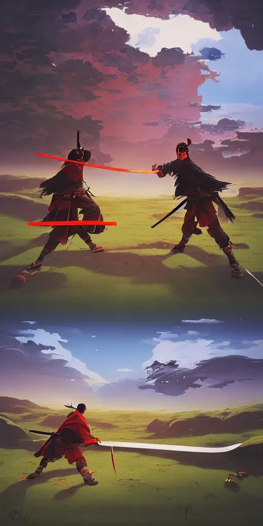 Prompt: duel of two samurai!!! a highly detailed cinematic oil painting by roger dean and alena aenami, dynamic lighting