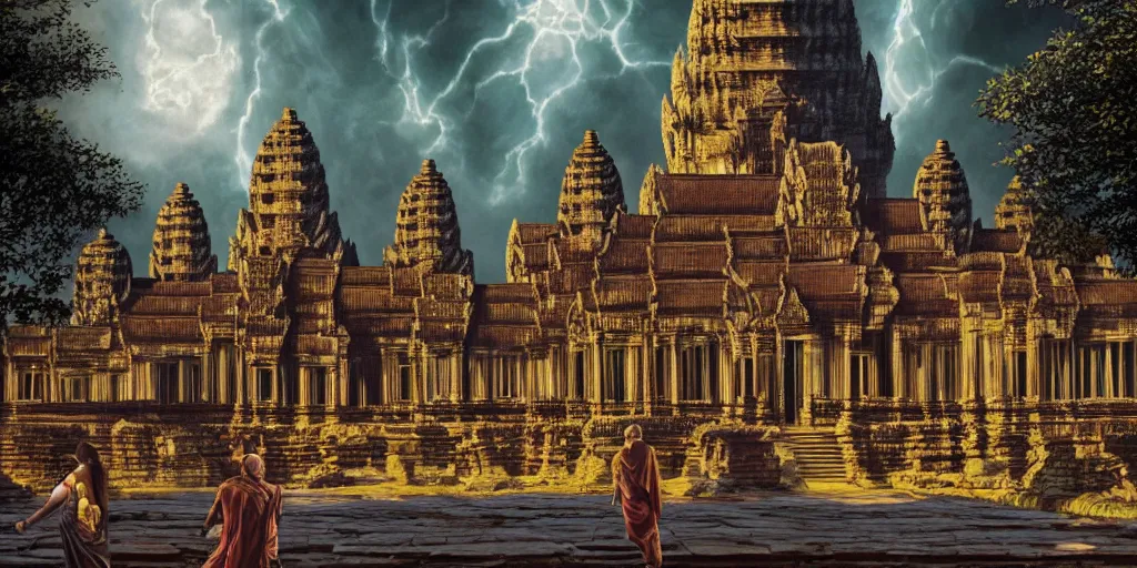 Image similar to fantasy oil painting, mega structure city of angkor wat, fantasy, colossal, gate, looming, small buildings, warm lighting, street view, silhouetted figure standing overlooking, space port city, epic, distant mountains, bright clouds, luminous sky, cinematic lighting, michael cheval, david palladini, artstation, oil painting, vray, 8 k hd