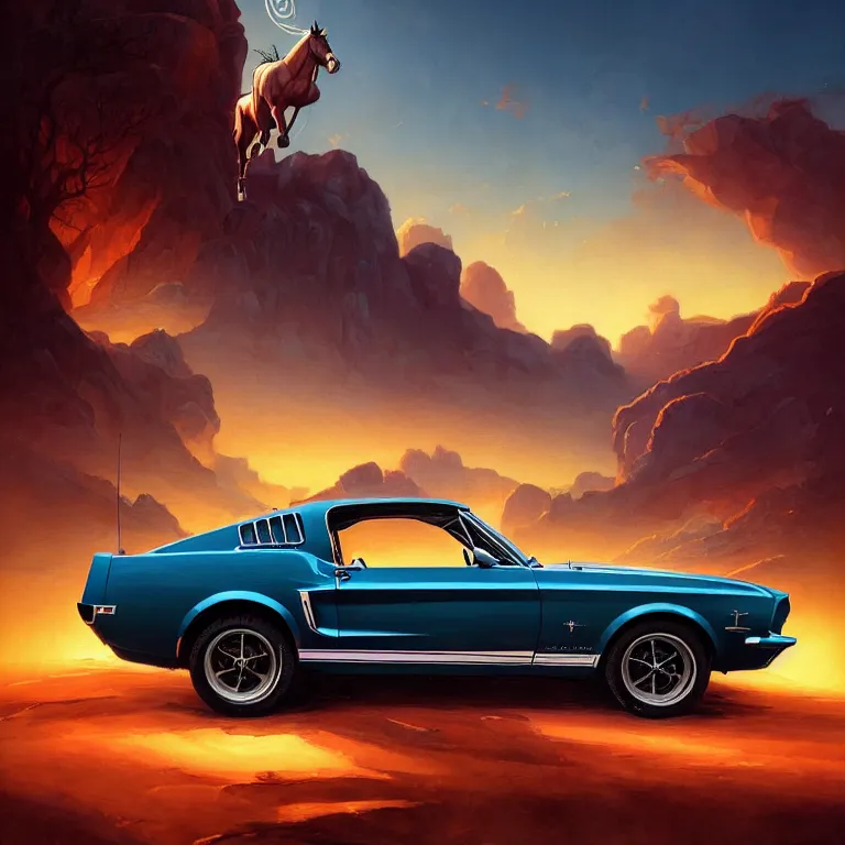 Image similar to a 1 9 6 8 mustang from behind driving down a country road, coriolios rpg art style, full of details, warm sunset colors, matte painting, artstation, 8 k, hyperrealistic, style of peter mohrbacher, album cover