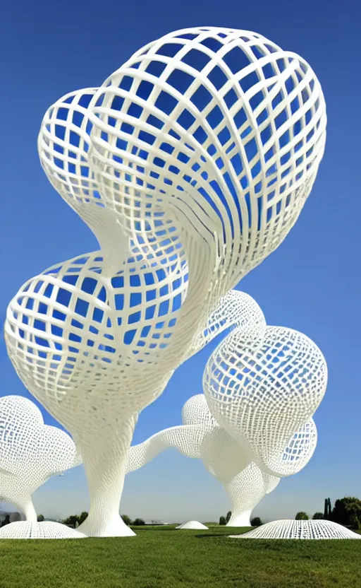 Prompt: elegant white art 3 d printed parametric installation with playful surreal tall lemon groves, beautiful sunny day, fluidity, vincent callebaut, mamou - mani, innovative voronoi pavilion with huge white magnolias above