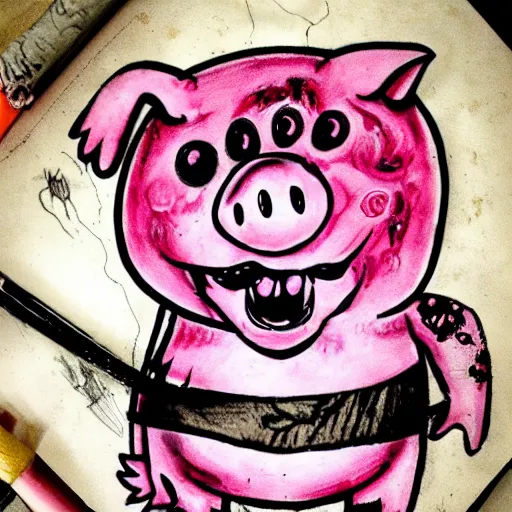 Image similar to grunge drawing of a pink cartoon pig with blood coming out of huge eyes while holding a bloody knife by mrrevenge, corpse bride style, horror themed, detailed, elegant, intricate