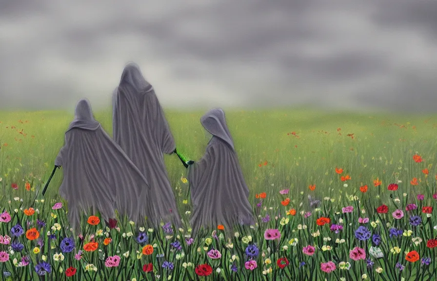 Prompt: grim reaper in a meadow of flowers, gray stormy wather, children drawing