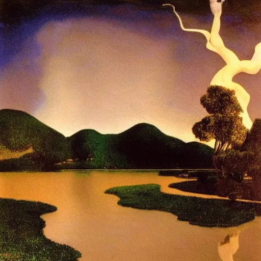 Image similar to river full of lightning, full moon, maxfield parrish, salvador dali