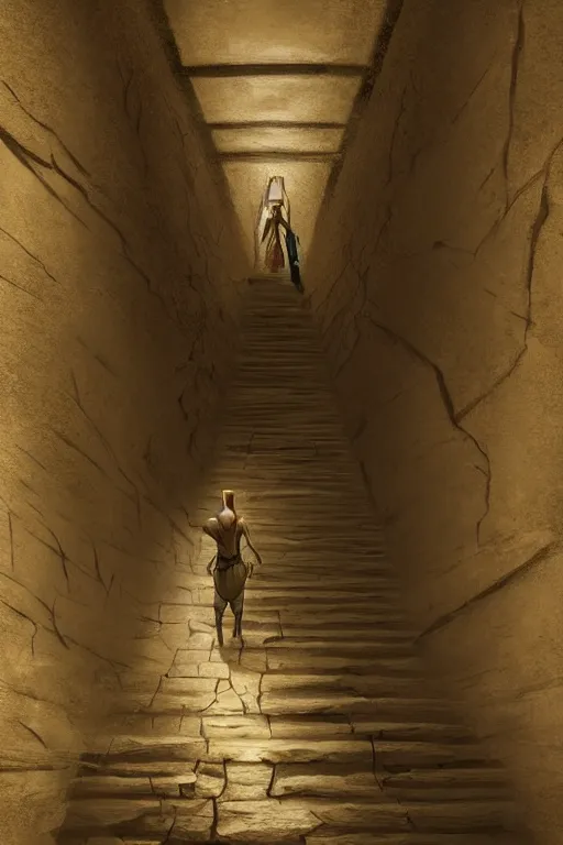 Image similar to a mummy walking down a hallway in a Pyramid, face portrait, raphael lacoste, eddie mendoza, alex ross, concept art, matte painting, highly detailed, rule of thirds, dynamic lighting, cinematic, detailed, denoised, centerd