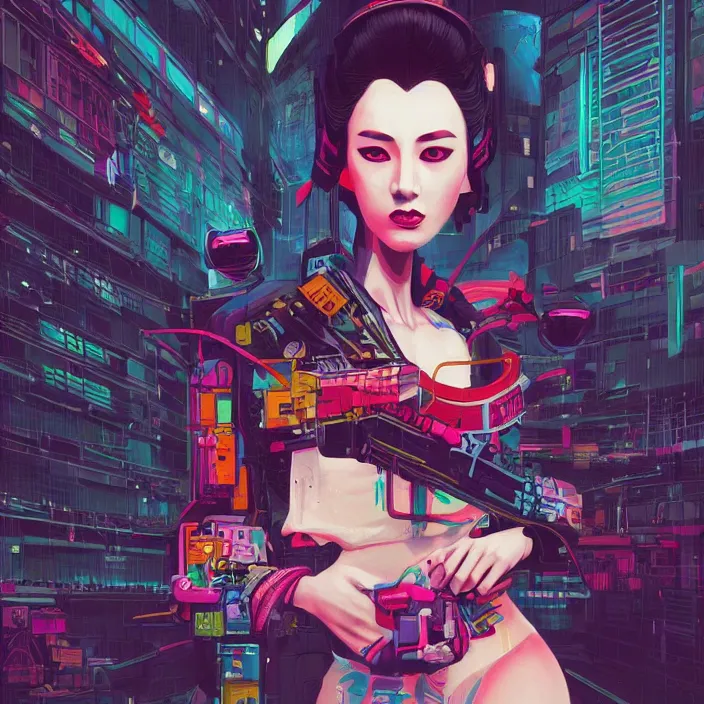 Image similar to a beautiful painting of a cyberpunk geisha by malika favre, in style of noir illustration. colorful comic, symmetry, sci fi, hyper detailed. octanev render. trending on artstation, high detailed, smooth draw.