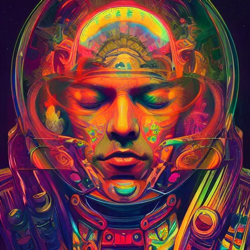 Image similar to An extremely psychedelic experience, colorful, surreal, dramatic lighting, cosmonaut, LSD, face, detailed, intricate, elegant, highly detailed, digital painting, artstation, concept art, smooth, sharp focus, illustration, art by Sam Spratt, Dan Mumford, Artem Demura and Alphonse Mucha