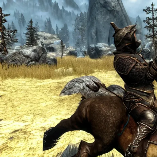 Image similar to screenshot of a player performing the horse tilt glitch in skyrim