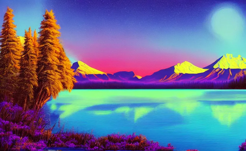 Image similar to beautiful award winning synthwave painting of a canadian lake, extreme detail, digital art, 4 k, ultra hd