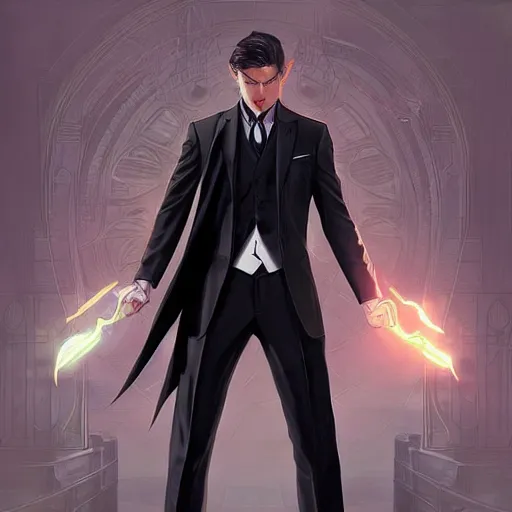 Image similar to character concept, wide angle, full body, symmetrical head - on centralized, young man with formal black suit. detailed, high quality, dynamic lightning, fantasy, scenematic. artwork by artgerm, wlop, alex ross, greg rutknowski, alphonse mucha