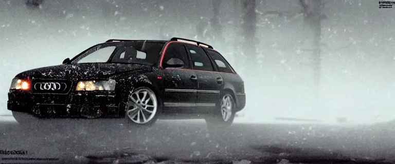 Prompt: Audi A4 B6 Avant (2002), a gritty neo-noir, dramatic lighting, cinematic, eerie person, death, homicide, homicide in the snow, viscera splattered, gunshots, establishing shot, extremely high detail, photorealistic, cinematic lighting, artstation, by simon stalenhag, Max Payne (PC) (2001) winter New York at night, In the style of Max Payne 1 graphic novel, flashing lights, Poets of the Fall - Late Goodbye