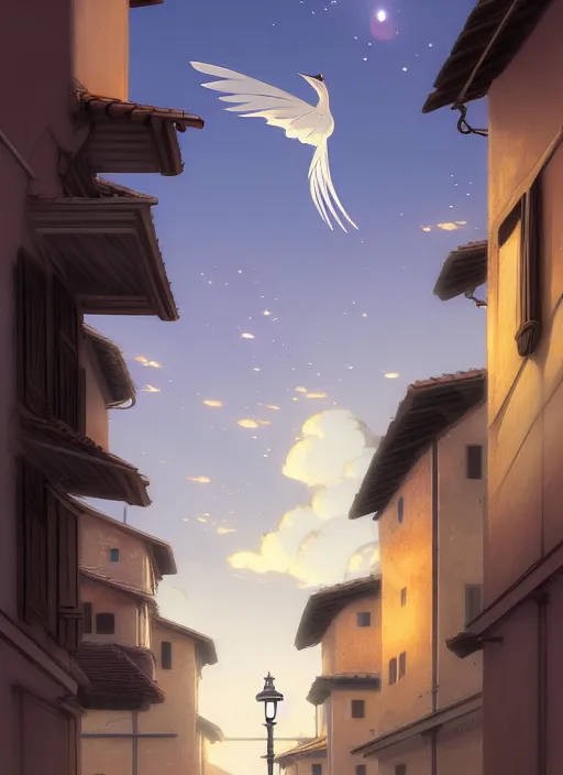 Image similar to florence italy in 1 8 2 0, a nightingale bird sits on a lamp - post at dawn, flowers in window boxes, finely detailed perfect art, gapmoe yandere grimdark, trending on pixiv fanbox, painted by greg rutkowski makoto shinkai takashi takeuchi studio ghibli