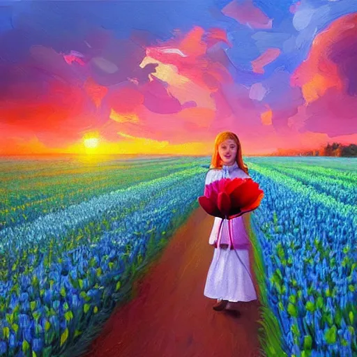 Image similar to dutch girl with one giant tulip as a face, surreal photography, flower field, sunset dramatic light, impressionist painting, colorful clouds, blue sky, digital painting, artstation, simon stalenhag