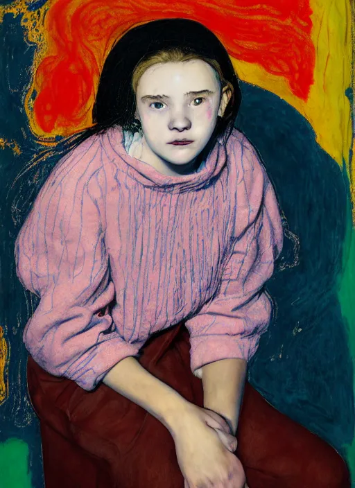 Image similar to portrait of a 1 5 year old girl jester sitting on a stool, by vincent lefevre and hernan bas and pat steir and hilma af klint, psychological, photorealistic, symmetrical face, dripping paint, washy brush, threads, rendered in octane, altermodern, masterpiece
