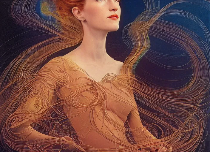 Image similar to portrait of a woman with swirling hair, illustration by James C. Christensen, retrofuturism, reimagined by industrial light and magic