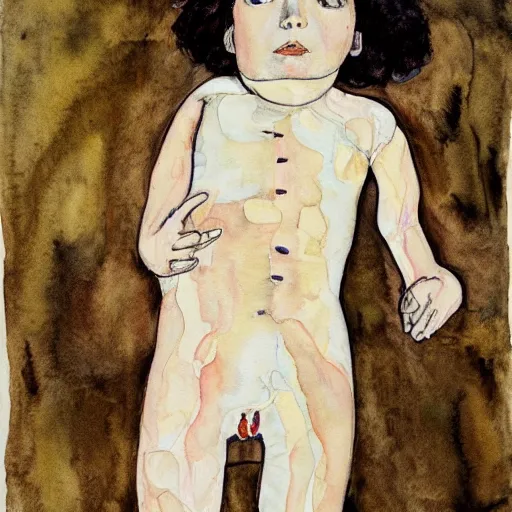 Prompt: wide angle full body portrait of ripley slipping out of her jumpsuit, watercolor, masterpiece, by Egon Schiele