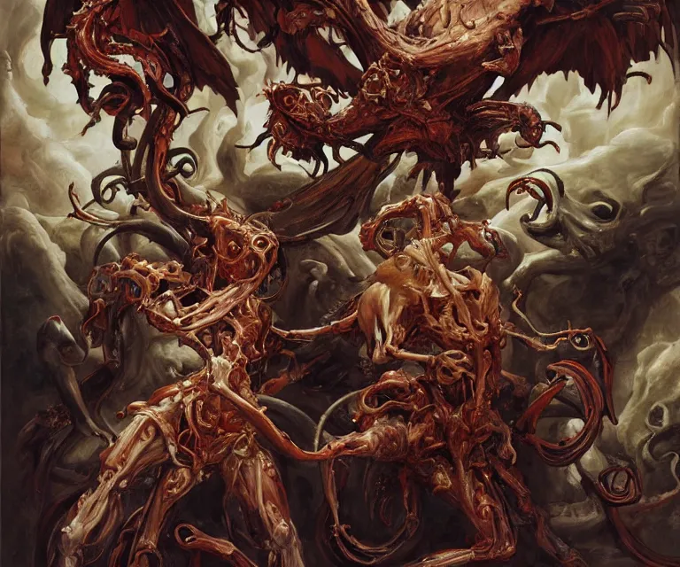 Image similar to elegant renaissance painting of rooster final boss bodybuilder vecna battle, art by alex ross and peter mohrbacher, epic biblical depiction, flesh and bones, fangs, teths and tentacles, corpses and shadows!