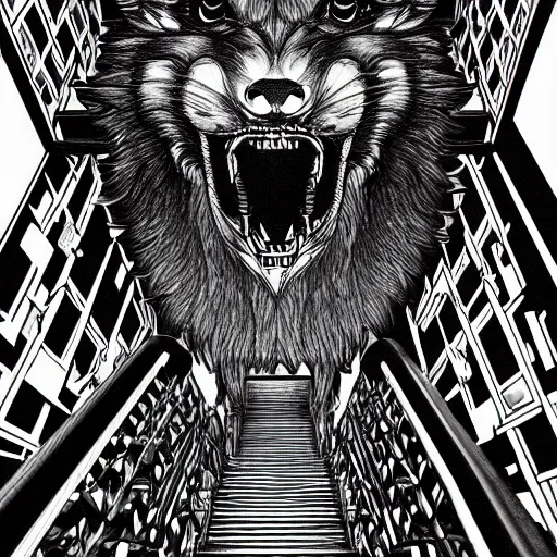 Image similar to a huge howling angry wolf in a huge bright maze of many doorways and lots of stairs, many doorways, inside MC Escher architecture, artstation, Junji Ito, epic composition, detailed background