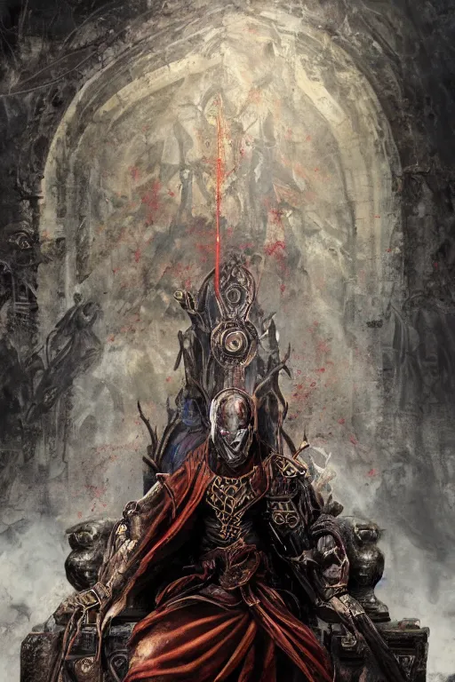 Image similar to Path of Exile, Sirius, bronze face, red eyes, male image with bronze black armor, sitting on the throne, inside the ruined gothic church, black shadows, dark red bloody fog fly around, [[blood]], Anachronism, painting, dark fantasy, steampunk, 4k, perfect quality,