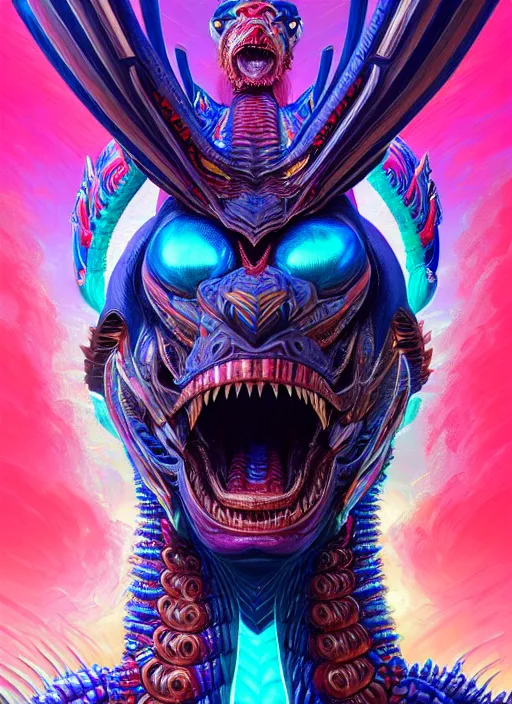 Prompt: hyper detailed ultra sharp quetzalcoatl warrior trance man. trending on artstation, warpaint aesthetic, earthwave, colorful, neon, ornate, intricate, digital painting, concept art, smooth, sharp focus, illustration, art by artgerm and greg rutkowski and h. r. giger, 8 k