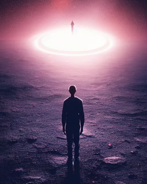 Image similar to a person standing in front of a glowy open door that's on a barren moon, poster art by mike winkelmann, trending on cg society, space art, sci - fi, ue 5, futuristic, volumetric lighting, light casting onto the ground, neat composition and camera angle