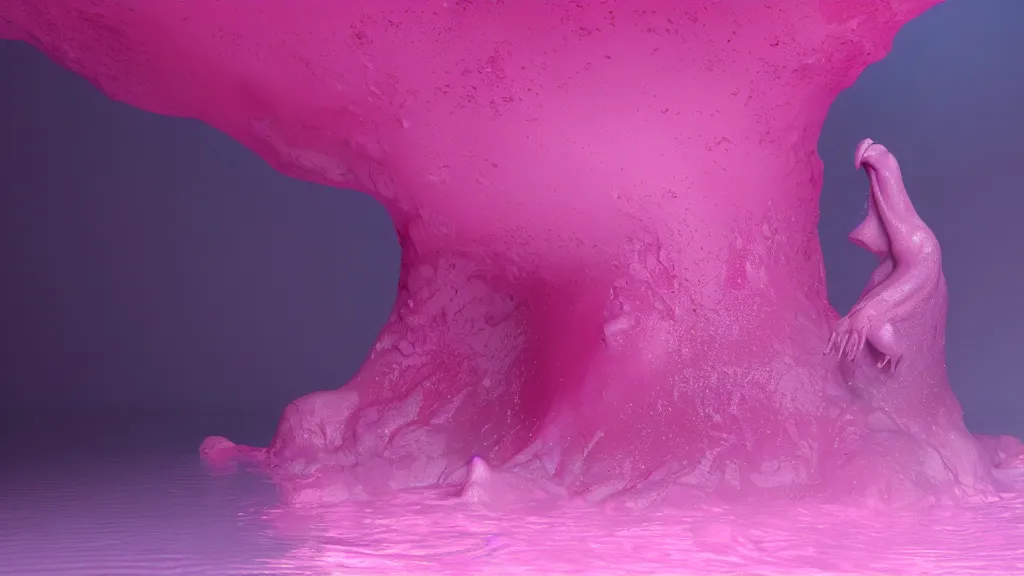 Prompt: a creature silhouette in a large vat of pink liquid, photorealistic, octane render 8 k uhd